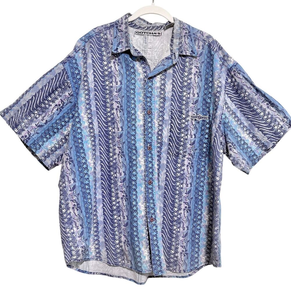 Vintage Gotcha Mens Button Up Shirt XL Blue Hawaiian Surf Beach Geometric Print